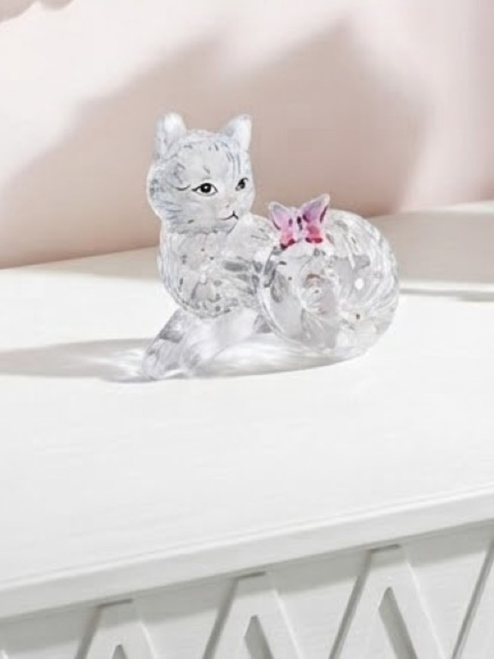 Vintage Clear Glass Cat Figurine with Pink Butterfly